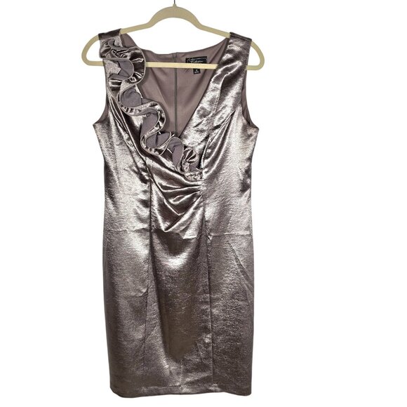 Dress Barn Dresses & Skirts - Dress Barn Party Dress Sz 14 Taupe Satin Midi Ruffle Sleeveless V Ruched Evening